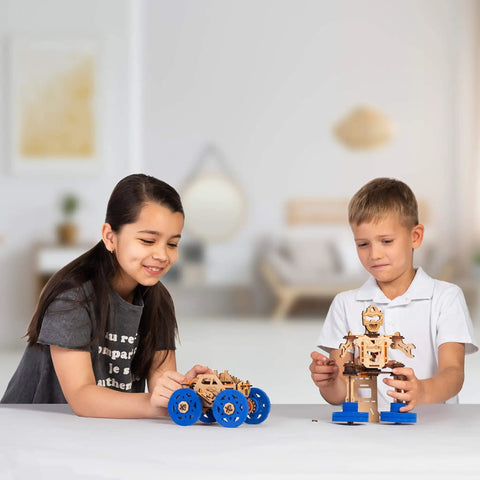 2 In 1 Rover Bot STEM Kit Turns A Car Into A Robot For Kids 6 Plus A Fun Hands On Educational Construction Toy With Gear Mechanisms Wind Up Play An Ultimate Gift For Curious Builders., kids building wooden rover bot car and robot STEM kit
