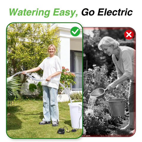 Person using Cordless Submersible Water Pump With Brushless Motor Handy Battery Powered Sump Pump Kit Includes 2x4000mAh Batteries And Hose for garden watering compared to traditional watering with bucket