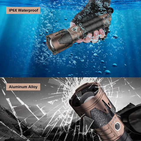 Rechargeable Tactical Flashlight With Ignition Lens, 5000 Lumen Beast Brightness, waterproof, in underwater and durability test