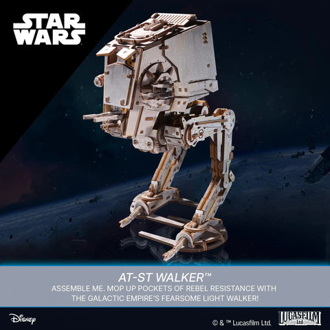 Wooden Star Wars AT ST Walker 3D Puzzle Featuring Smooth Shifting Gear System That Delivers Real Walking Motion, detailed side view.