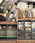 Rock Solid Black Oak L Shaped Closet Organizer System With Twelve Super Spacious Drawers And Four Expandable Hanging Rods showcases drawers and shelving.