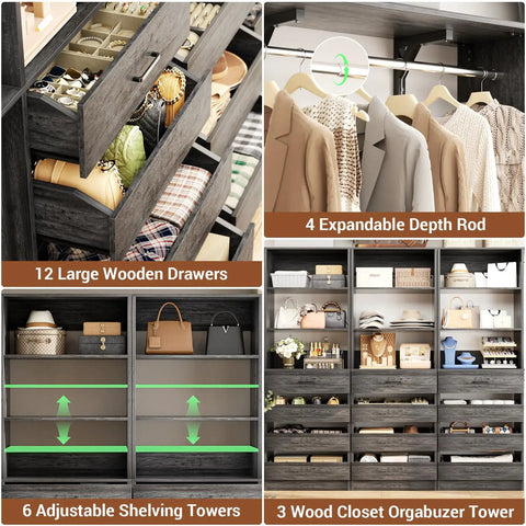 Rock Solid Black Oak L Shaped Closet Organizer System With Twelve Super Spacious Drawers And Four Expandable Hanging Rods showcases drawers and shelving.