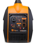 Back view of Quiet Portable Inverter Generator With Gas Powered 2000 Watt CARB Compliant Clean Electricity, showcasing outlets and controls.