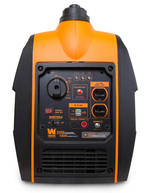 Back view of Quiet Portable Inverter Generator With Gas Powered 2000 Watt CARB Compliant Clean Electricity, showcasing outlets and controls.