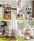 Four tier rolling cart organizer with wheels for kitchen, bathroom, laundry room, and office use in different home settings