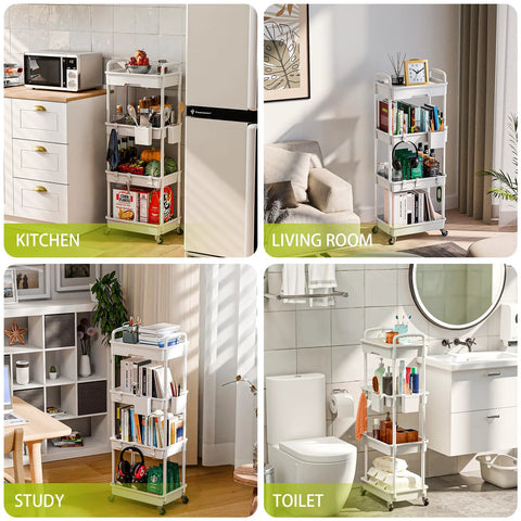 Four tier rolling cart organizer with wheels for kitchen, bathroom, laundry room, and office use in different home settings
