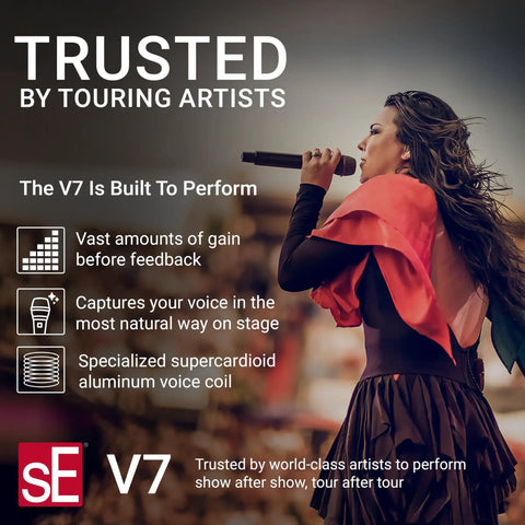 Performer using V7 Dynamic Microphone For Singing, Speech And Studio Recording With Supercardioid Pattern, Aluminum Voice Coil