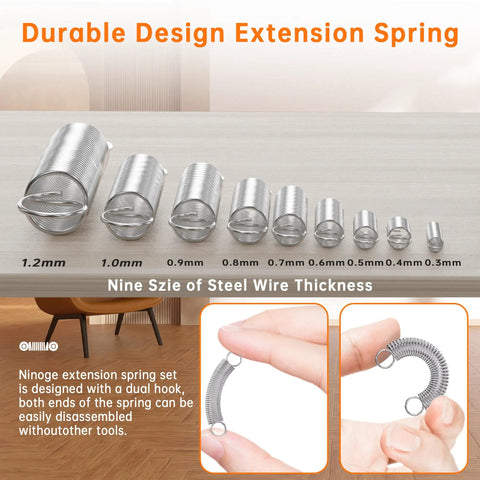 Ultimate 100 Piece Extension Spring Kit With 25 Sizes, stainless steel coils, spring sizes from 0.3 to 1.2 mm displayed.
