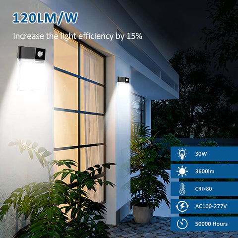 30W LED Wall Pack With Dusk To Dawn Sensor, 3600LM Ultra Bright Outdoor Flood Light on porch wall, illuminating plants, IP65 rated.