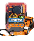 Real Deal Heavy Duty Retractable Ratchet Tie Down Straps Orange One Inch By Sixteen Feet Two Pack in reusable case.