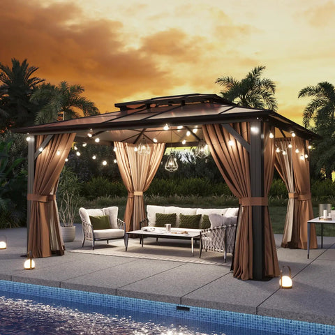 12x10 Foot Hardtop Gazebo With Aluminum Frame Go To Outdoor Pavilion Curtains And Netting Double Polycarbonate Roof For UV Protection