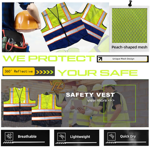 Crew Job Site Ready And Built Dang Tough High Visibility Mesh Reflective Safety Vest Fluorescent Yellow with black hem in action.
