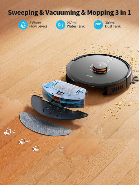 All In One Robot Vacuum And Mop With 6000Pa Beast Mode Suction Self Emptying Dock shown cleaning hardwood floor Q10 Pro