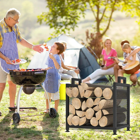 Built Tough Indoor Firewood Rack With Leather Carrier 17.32 Inch Metal Wood Storage Stand outdoors near barbecue and campers