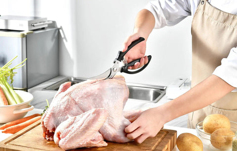 Heavy Duty Poultry Shears Kitchen Scissors For Cutting Chicken And Meat With Spring Loaded Handles, Multipurpose Tool To Butterfly Whole Poultry, Trim Fat, Slice Raw Meat, Chop Herbs, And Cut Veggies With Minimal Hand Strain Like A Boss. 9.6 in stainless steel on raw turkey