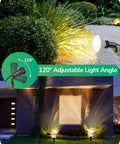 Heavy Duty Weatherproof Outdoor Halloween Flood Lights 120V With Six Foot Extension Cord Two Pack illuminating a garden with adjustable angle.