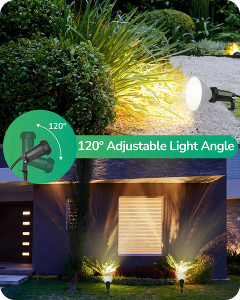 Heavy Duty Weatherproof Outdoor Halloween Flood Lights 120V With Six Foot Extension Cord Two Pack illuminating a garden with adjustable angle.
