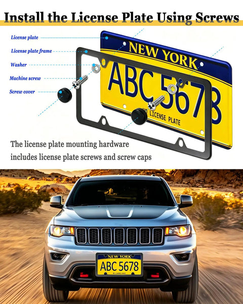 Stainless Steel License Plate Screws and Bolts with Black Caps, Complete Car Plate Mounting Kit for Trucks and Cars, Includes Fasteners and Tool for Drop and Drive Ready Setup with screws and caps.