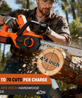 Man using Beast Of A 12 Inch Brushless Cordless Chainsaw With 40 Ft Per Second Chain Speed on 4x4 inch hardwood log