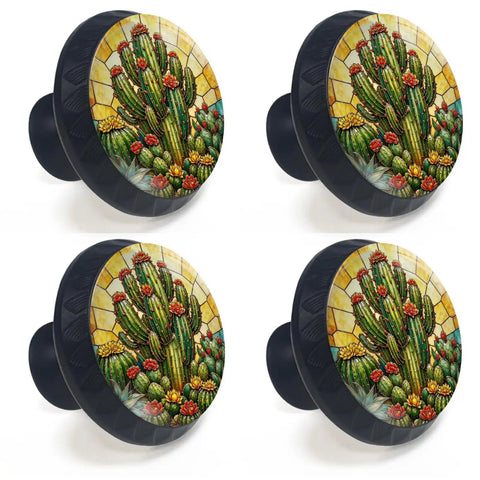 4 Pack Vintage Desert Cactus Cabinet Knobs For Kitchen And Bathroom With Stained Glass Boho Southwest Vibes Green Cacti And Bright Red And Yellow Flowers Adds Cozy Rustic Charm