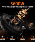 Badass 5600W Dual Motor Electric Bike With 60V 80Ah Battery, 50 MPH Top Speed, close-up of fat tire and performance features.