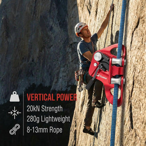Pro Chest Ascender For Rock Climbing And Rescue With 7075 Aluminum Rope Ascender shown in action on 8-13mm rope on a mountain.