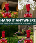 Hummingbird Feeder With Pinch Waist Design No Fuss No Mess Easy Fill And Clean With Bee Guards Keeps Bees Out Four Flower Ports 8 Ounce Capacity Outdoor Garden Or Patio Bird Feeder hanging in various outdoor settings.