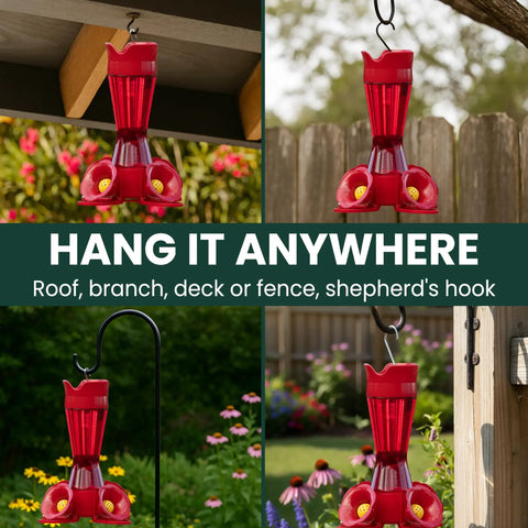 Hummingbird Feeder With Pinch Waist Design No Fuss No Mess Easy Fill And Clean With Bee Guards Keeps Bees Out Four Flower Ports 8 Ounce Capacity Outdoor Garden Or Patio Bird Feeder hanging in various outdoor settings.