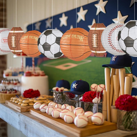 8 Pack 12 Inch Sports Paper Lanterns Set for Party Decor Includes Soccer Ball Basketball Baseball American Football and Japanese Hanging Lanterns Reusable Game Day Birthday Favors for Kids