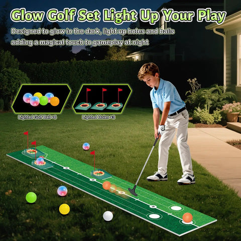 Child playing with Glow In The Dark Kids Golf Putting Set With Light Up Balls Putter Putting Mat 3 Holes And 6 Balls in backyard.