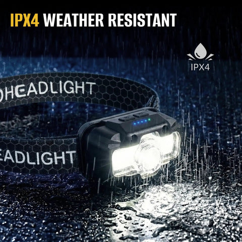 Two-Pack Rechargeable LED Headlamp With 1300 Lumen Ultra-Bright White Beam Plus Red And Green Beams waterproof in rain