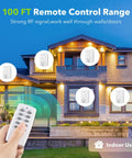Hand holding remote near house demonstrating Wireless Remote Control Outlet Switch Kit With 5 Outlets And 2 Remotes, 1250W 10A, White.