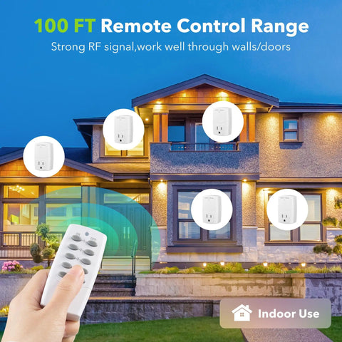 Hand holding remote near house demonstrating Wireless Remote Control Outlet Switch Kit With 5 Outlets And 2 Remotes, 1250W 10A, White.