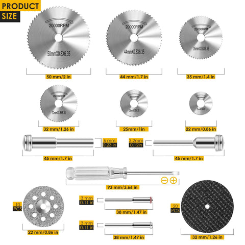 44-piece rotary-tool cutting wheel set: 6 HSS blades, 20 resin discs, 10 diamond wheels, 2 screwdrivers for plastic.