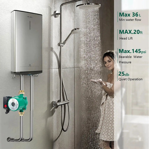 Dead Quiet Hot Water Recirculating Pump With Adjustable Speed Settings For Reliable Instant Hot Water Delivery Super Silent Water Heater Circulator Unit by shower with woman using water.
