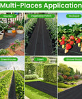 Tough As Nails Weed Barrier Fabric 4x300ft Landscape Geotextile Ground Cover Mat 3.2oz shown in garden, greenhouse, orchard, and lawn.