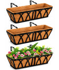 Three Pack 24 Inch Deck Railing Planter With Coconut Coir Liner For Outdoor Garden Balcony Fence Hanging Flower Planter Baskets displayed