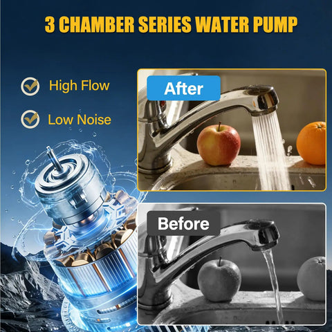 Heavy Kickin Up Flow 33 Series 110V AC Water Pressure Pump 4.0 GPM 50 PSI showing water flow improvement in kitchen tap images.