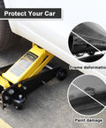 Floor jack rubber pad; side view under yellow hydraulic jack lifting car protects pinch weld