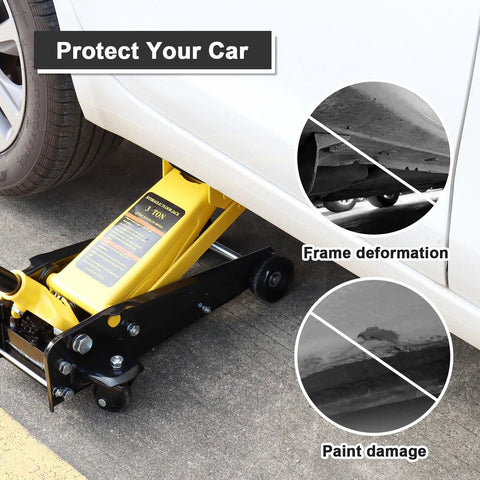 Floor jack rubber pad; side view under yellow hydraulic jack lifting car protects pinch weld