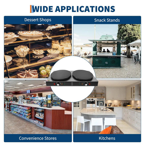 Wide applications of 16 Inch Double Plate Crepe Maker Griddle with Nonstick Electric for dessert shops, snack stands, stores, kitchens