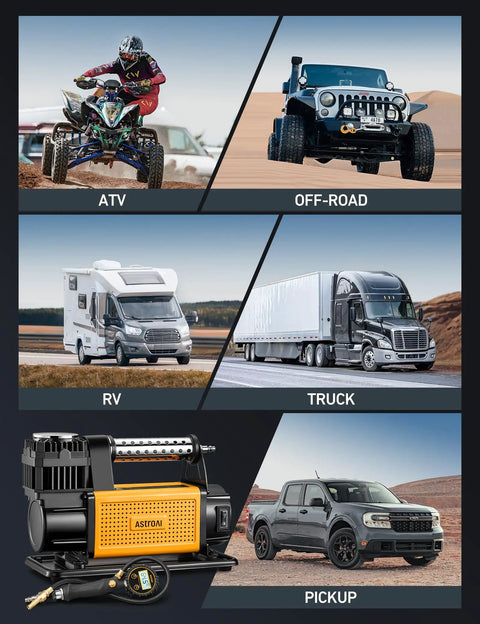 Trail Ready Portable Air Compressor Bad Boy 12 Volt Tire Inflator With Gutsy 150 Psi Readout Digital Gauge, shown with various vehicles like ATV, RV, Truck.