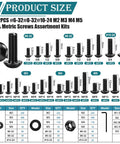 3032 Piece Hex Socket Button Head Bolt And Screw Assortment Kit featuring Metric and Standard sizes with fastener dimensions.