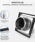 4 Inch Outdoor Dryer Vent Cover With Gravity Flap Stainless Steel Heavy Duty Weatherproof Exterior Exhaust Vent Hood For Home And Commercial Use Pest And Backdraft Protection, shown with gasket seals and buckles.