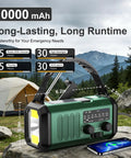 Hand Crank Emergency Radio With NOAA Weather Radio AM FM, 10000mAh Battery, USB C Fast Charge outdoors with tent and mountains.