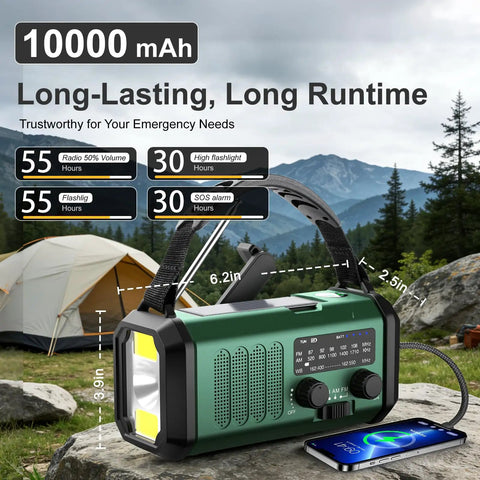 Hand Crank Emergency Radio With NOAA Weather Radio AM FM, 10000mAh Battery, USB C Fast Charge outdoors with tent and mountains.