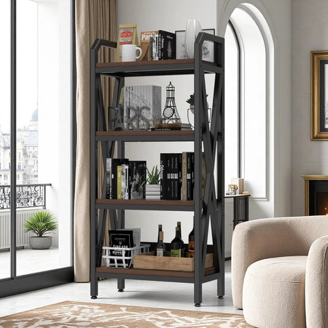 4 Tier Farmhouse Bakers Rack Heavy Duty Metal Wood Shelves Built Like A Tank Rock Solid X Brace Reinforcement Sleek Industrial Design Ultimate Kitchen Storage Solution 25.6 Inch Width with books and decor.