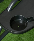 Cup holder detail on Three Seat Outdoor Patio Swing Chair With Adjustable Canopy And Removable Cushions, black rattan tray