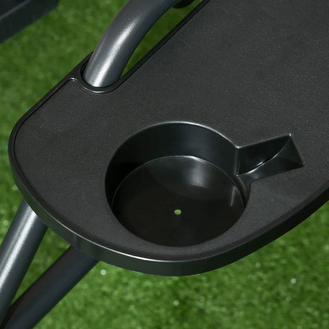 Cup holder detail on Three Seat Outdoor Patio Swing Chair With Adjustable Canopy And Removable Cushions, black rattan tray