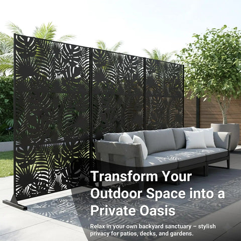 Outdoor Metal Privacy Screen 72 Inch Freestanding Divider Panel With Laser Cut Tropical Leaf Design in a garden setting.
